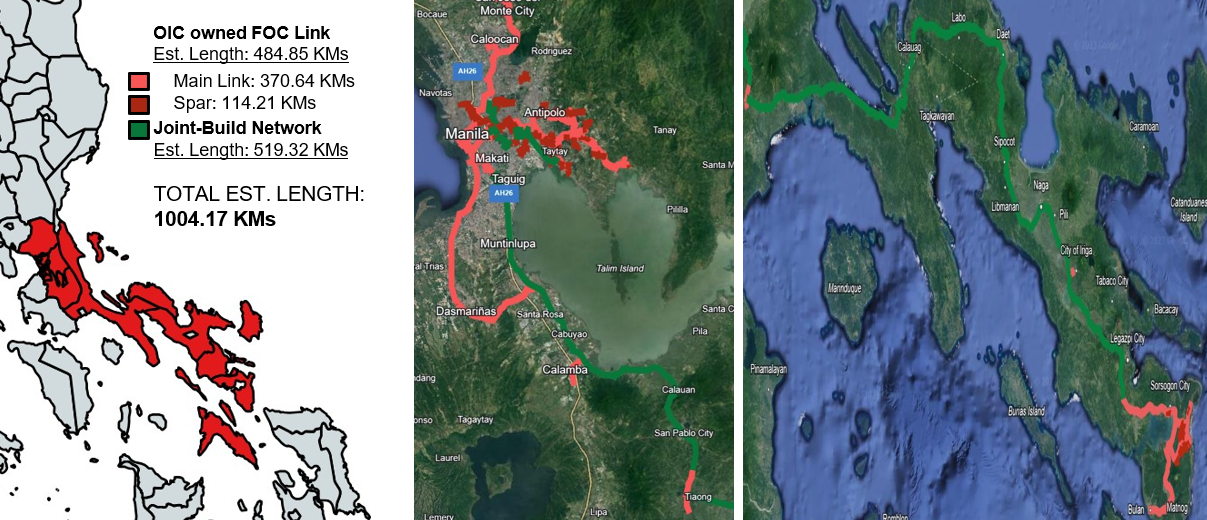 Map of the company's fiber optic cable routes across Luzon, showing 484.85 km of owned links and 519.32 km of joint-build network for a total estimated length of 1,004.17 km